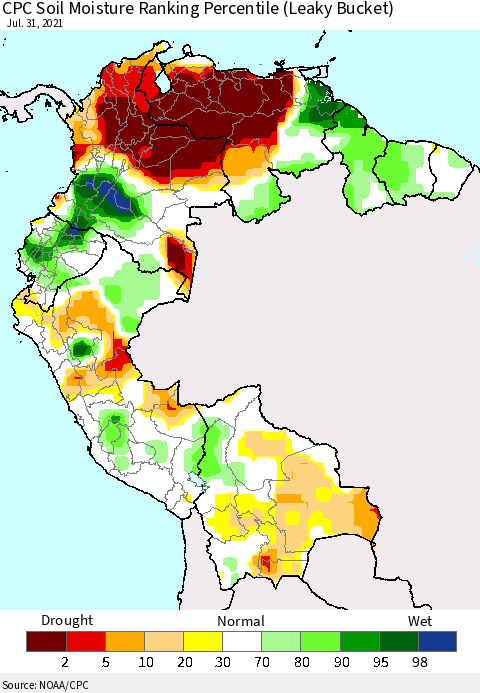 Northern South America CPC Calculated Soil Moisture Ranking Percentile Thematic Map For 7/26/2021 - 7/31/2021