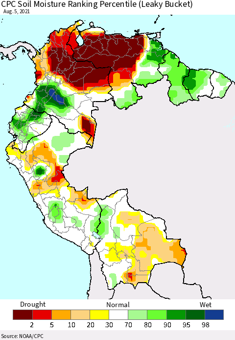 Northern South America CPC Calculated Soil Moisture Ranking Percentile Thematic Map For 8/1/2021 - 8/5/2021