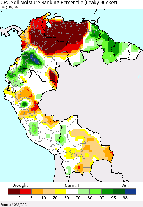 Northern South America CPC Calculated Soil Moisture Ranking Percentile Thematic Map For 8/6/2021 - 8/10/2021