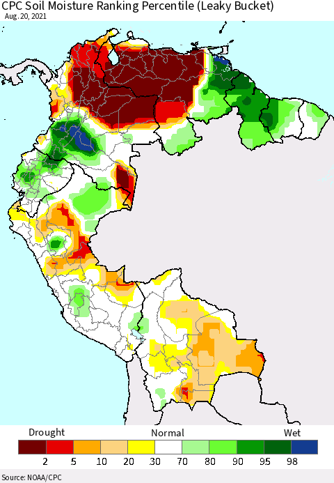 Northern South America CPC Soil Moisture Ranking Percentile (Leaky Bucket) Thematic Map For 8/16/2021 - 8/20/2021