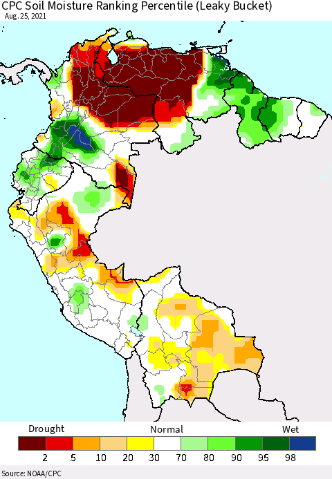 Northern South America CPC Soil Moisture Ranking Percentile (Leaky Bucket) Thematic Map For 8/21/2021 - 8/25/2021