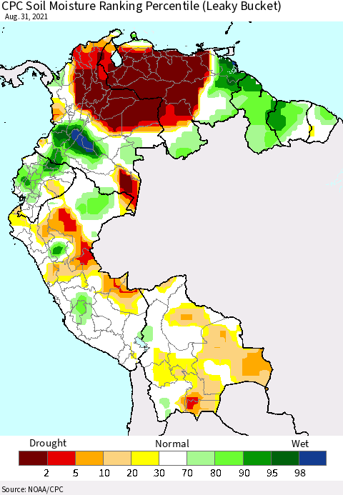 Northern South America CPC Soil Moisture Ranking Percentile (Leaky Bucket) Thematic Map For 8/26/2021 - 8/31/2021