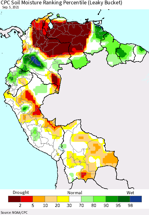 Northern South America CPC Calculated Soil Moisture Ranking Percentile Thematic Map For 9/1/2021 - 9/5/2021