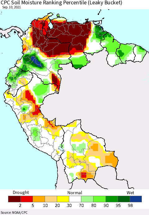 Northern South America CPC Calculated Soil Moisture Ranking Percentile Thematic Map For 9/6/2021 - 9/10/2021