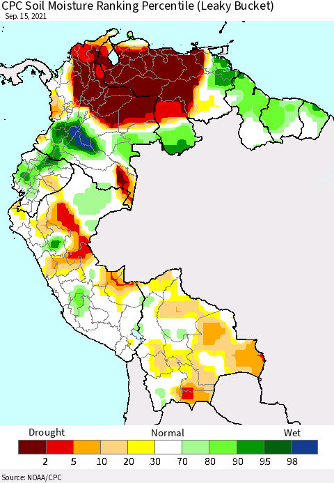 Northern South America CPC Calculated Soil Moisture Ranking Percentile Thematic Map For 9/11/2021 - 9/15/2021