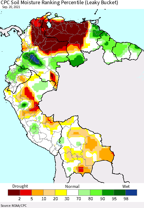 Northern South America CPC Calculated Soil Moisture Ranking Percentile Thematic Map For 9/16/2021 - 9/20/2021
