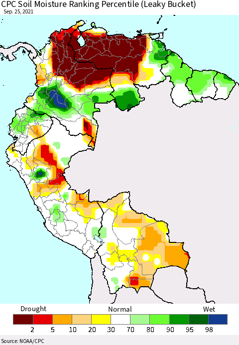 Northern South America CPC Calculated Soil Moisture Ranking Percentile Thematic Map For 9/21/2021 - 9/25/2021