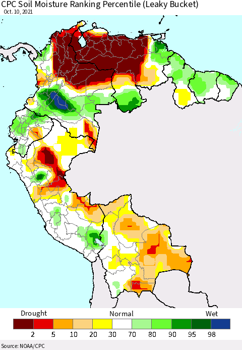 Northern South America CPC Soil Moisture Ranking Percentile (Leaky Bucket) Thematic Map For 10/6/2021 - 10/10/2021