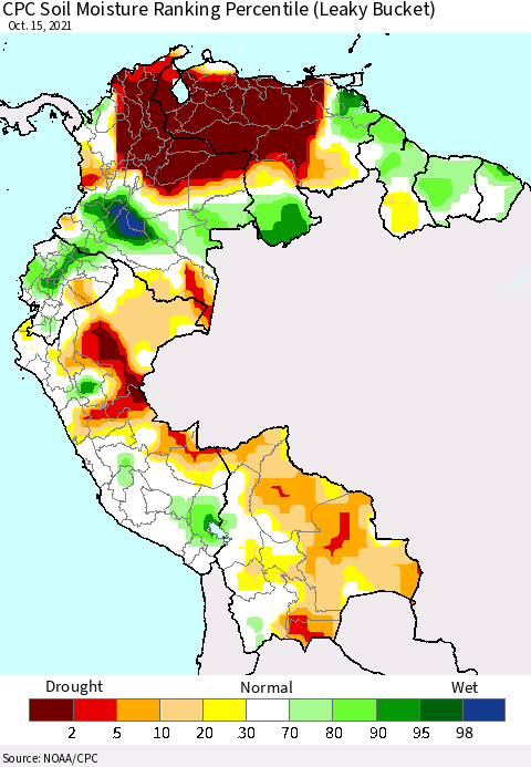 Northern South America CPC Calculated Soil Moisture Ranking Percentile Thematic Map For 10/11/2021 - 10/15/2021