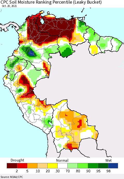 Northern South America CPC Calculated Soil Moisture Ranking Percentile Thematic Map For 10/16/2021 - 10/20/2021