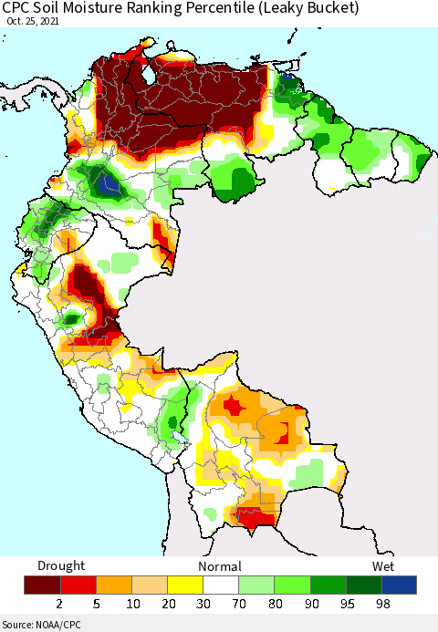 Northern South America CPC Calculated Soil Moisture Ranking Percentile Thematic Map For 10/21/2021 - 10/25/2021