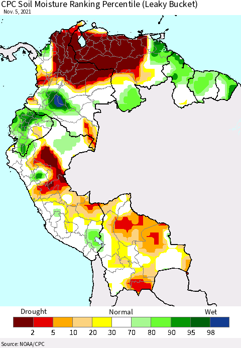 Northern South America CPC Calculated Soil Moisture Ranking Percentile Thematic Map For 11/1/2021 - 11/5/2021