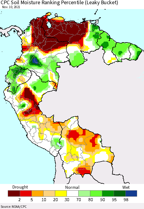 Northern South America CPC Calculated Soil Moisture Ranking Percentile Thematic Map For 11/6/2021 - 11/10/2021