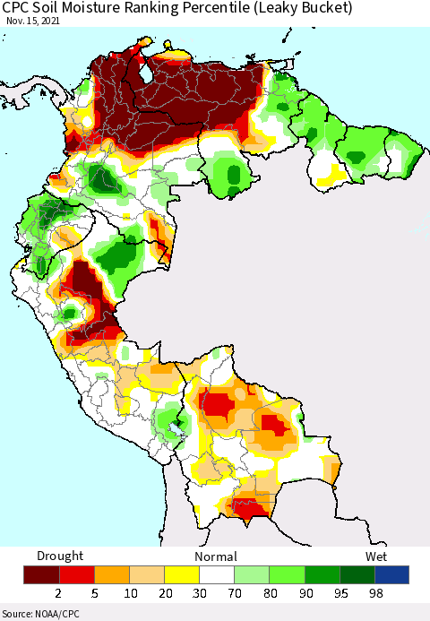 Northern South America CPC Calculated Soil Moisture Ranking Percentile Thematic Map For 11/11/2021 - 11/15/2021