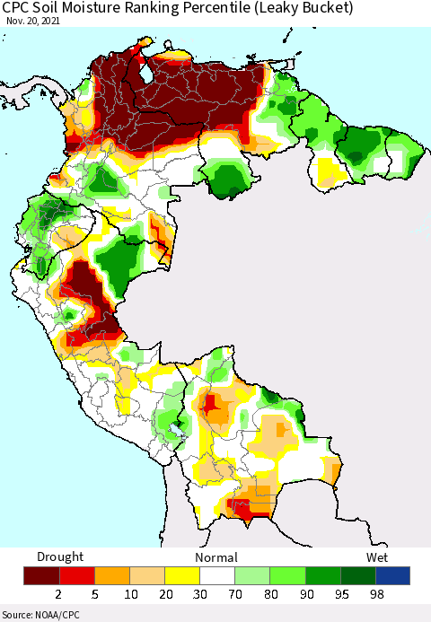 Northern South America CPC Calculated Soil Moisture Ranking Percentile Thematic Map For 11/16/2021 - 11/20/2021