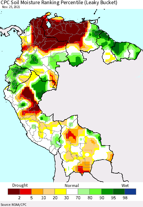 Northern South America CPC Calculated Soil Moisture Ranking Percentile Thematic Map For 11/21/2021 - 11/25/2021