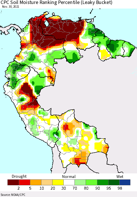 Northern South America CPC Soil Moisture Ranking Percentile (Leaky Bucket) Thematic Map For 11/26/2021 - 11/30/2021