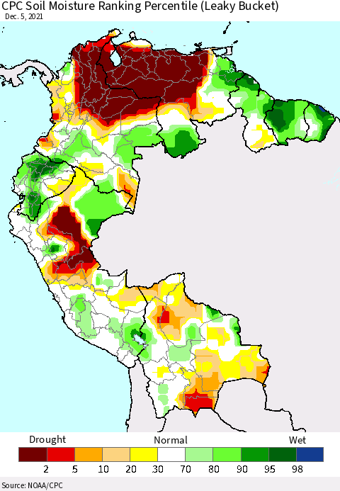 Northern South America CPC Calculated Soil Moisture Ranking Percentile Thematic Map For 12/1/2021 - 12/5/2021