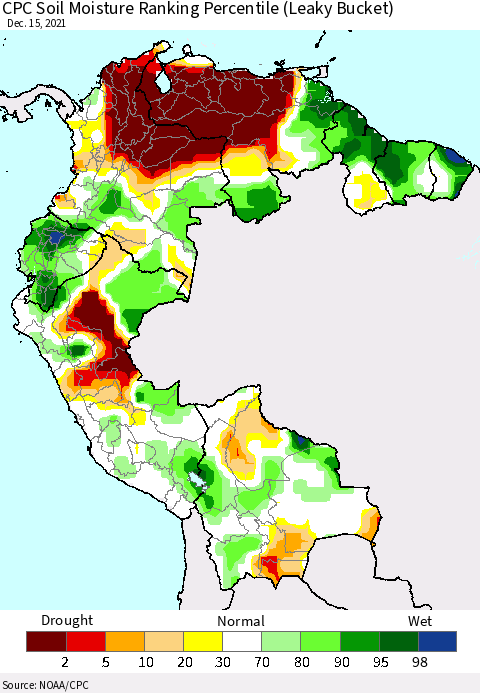 Northern South America CPC Calculated Soil Moisture Ranking Percentile Thematic Map For 12/11/2021 - 12/15/2021