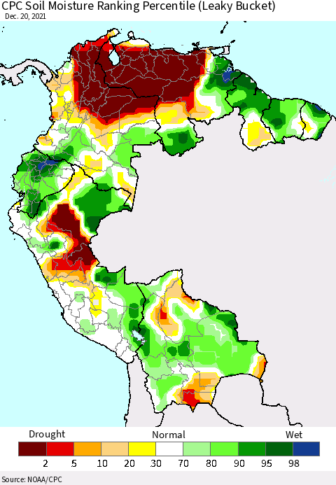 Northern South America CPC Calculated Soil Moisture Ranking Percentile Thematic Map For 12/16/2021 - 12/20/2021