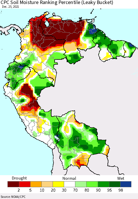 Northern South America CPC Calculated Soil Moisture Ranking Percentile Thematic Map For 12/21/2021 - 12/25/2021