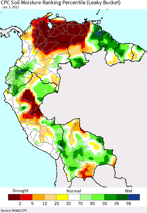 Northern South America CPC Calculated Soil Moisture Ranking Percentile Thematic Map For 1/1/2022 - 1/5/2022