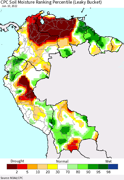 Northern South America CPC Soil Moisture Ranking Percentile (Leaky Bucket) Thematic Map For 1/6/2022 - 1/10/2022