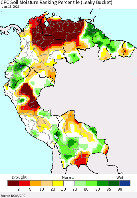 Northern South America CPC Calculated Soil Moisture Ranking Percentile Thematic Map For 1/11/2022 - 1/15/2022