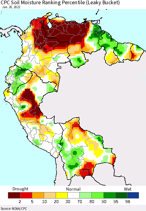 Northern South America CPC Soil Moisture Ranking Percentile (Leaky Bucket) Thematic Map For 1/16/2022 - 1/20/2022