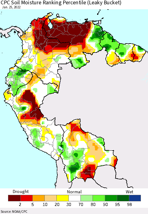 Northern South America CPC Calculated Soil Moisture Ranking Percentile Thematic Map For 1/21/2022 - 1/25/2022