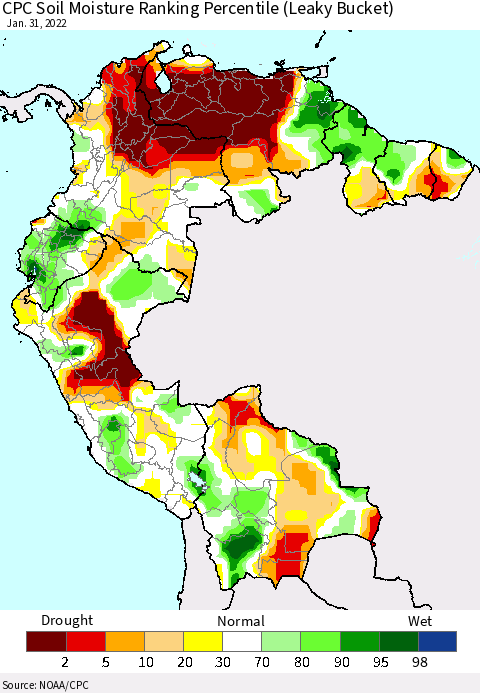 Northern South America CPC Calculated Soil Moisture Ranking Percentile Thematic Map For 1/26/2022 - 1/31/2022