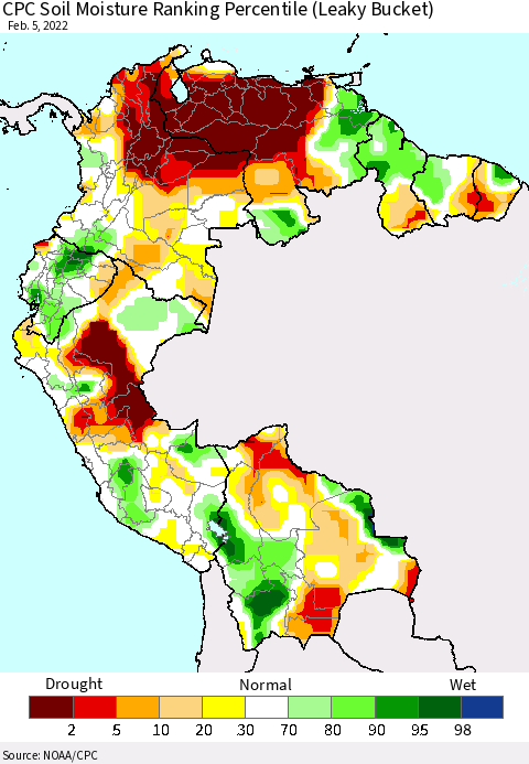 Northern South America CPC Soil Moisture Ranking Percentile (Leaky Bucket) Thematic Map For 2/1/2022 - 2/5/2022