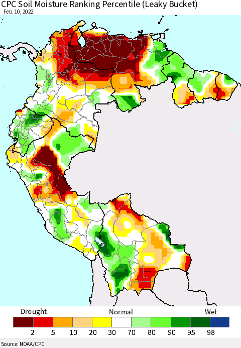 Northern South America CPC Calculated Soil Moisture Ranking Percentile Thematic Map For 2/6/2022 - 2/10/2022