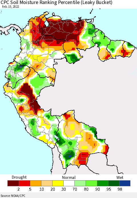 Northern South America CPC Soil Moisture Ranking Percentile (Leaky Bucket) Thematic Map For 2/11/2022 - 2/15/2022