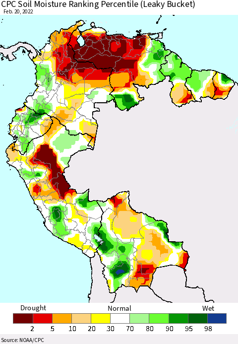 Northern South America CPC Calculated Soil Moisture Ranking Percentile Thematic Map For 2/16/2022 - 2/20/2022