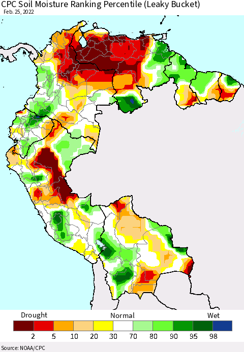 Northern South America CPC Calculated Soil Moisture Ranking Percentile Thematic Map For 2/21/2022 - 2/25/2022