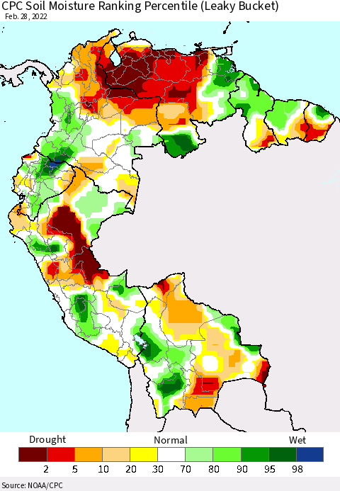 Northern South America CPC Calculated Soil Moisture Ranking Percentile Thematic Map For 2/26/2022 - 2/28/2022