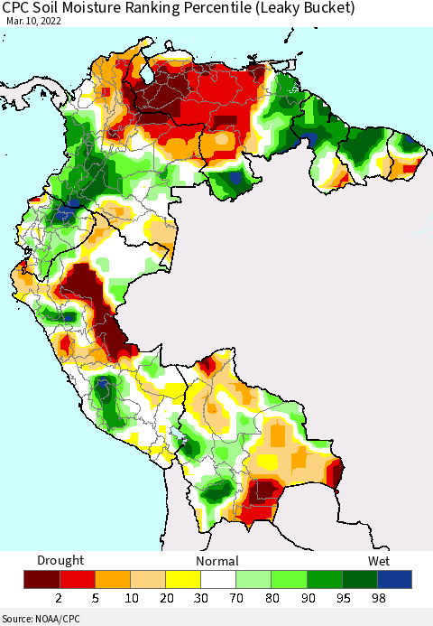 Northern South America CPC Calculated Soil Moisture Ranking Percentile Thematic Map For 3/6/2022 - 3/10/2022