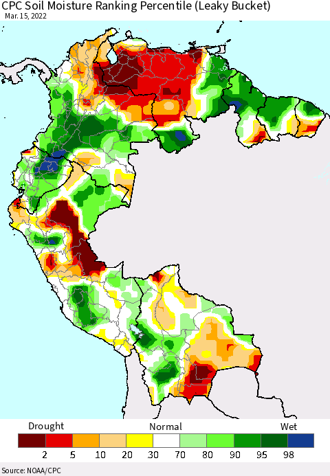 Northern South America CPC Calculated Soil Moisture Ranking Percentile Thematic Map For 3/11/2022 - 3/15/2022