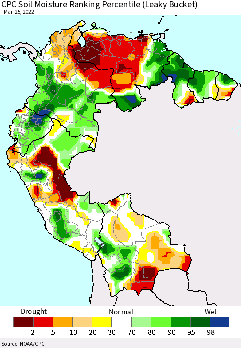 Northern South America CPC Calculated Soil Moisture Ranking Percentile Thematic Map For 3/21/2022 - 3/25/2022