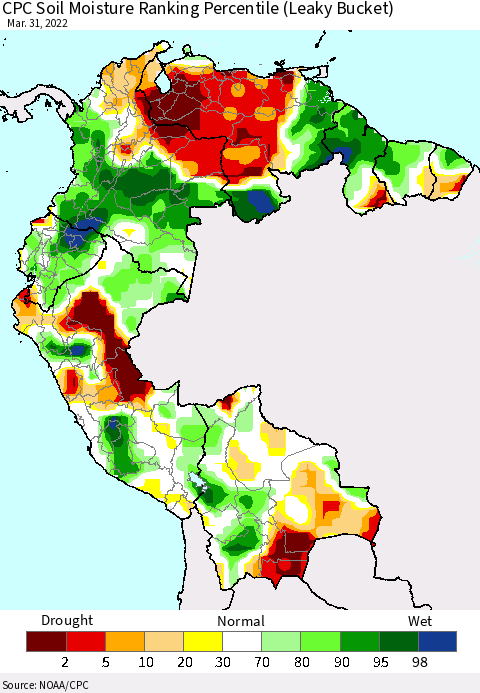 Northern South America CPC Soil Moisture Ranking Percentile (Leaky Bucket) Thematic Map For 3/26/2022 - 3/31/2022