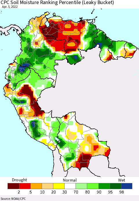 Northern South America CPC Calculated Soil Moisture Ranking Percentile Thematic Map For 4/1/2022 - 4/5/2022