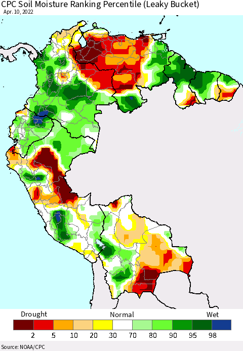 Northern South America CPC Calculated Soil Moisture Ranking Percentile Thematic Map For 4/6/2022 - 4/10/2022