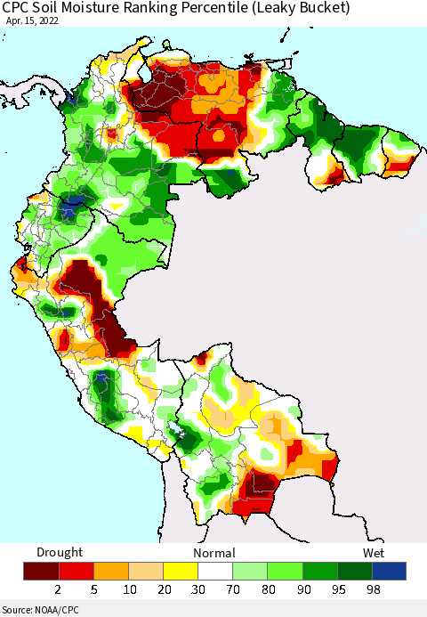 Northern South America CPC Calculated Soil Moisture Ranking Percentile Thematic Map For 4/11/2022 - 4/15/2022