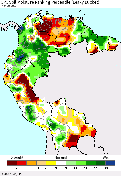 Northern South America CPC Calculated Soil Moisture Ranking Percentile Thematic Map For 4/16/2022 - 4/20/2022