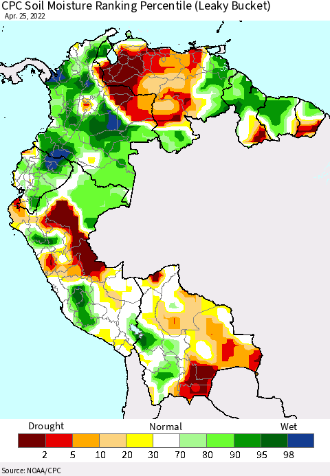 Northern South America CPC Calculated Soil Moisture Ranking Percentile Thematic Map For 4/21/2022 - 4/25/2022
