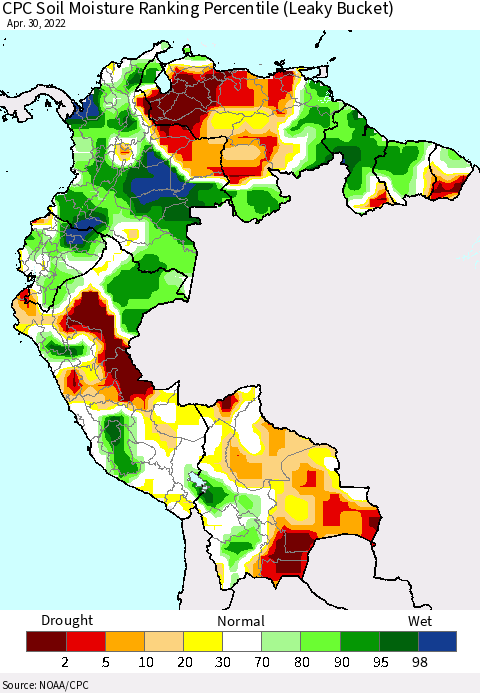 Northern South America CPC Calculated Soil Moisture Ranking Percentile Thematic Map For 4/26/2022 - 4/30/2022