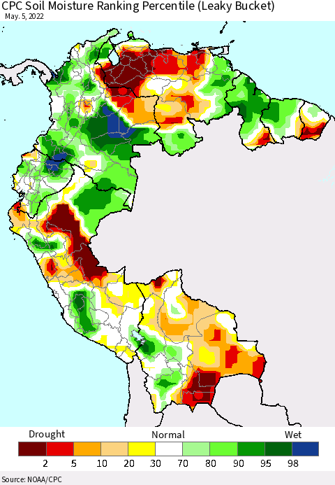 Northern South America CPC Calculated Soil Moisture Ranking Percentile Thematic Map For 5/1/2022 - 5/5/2022