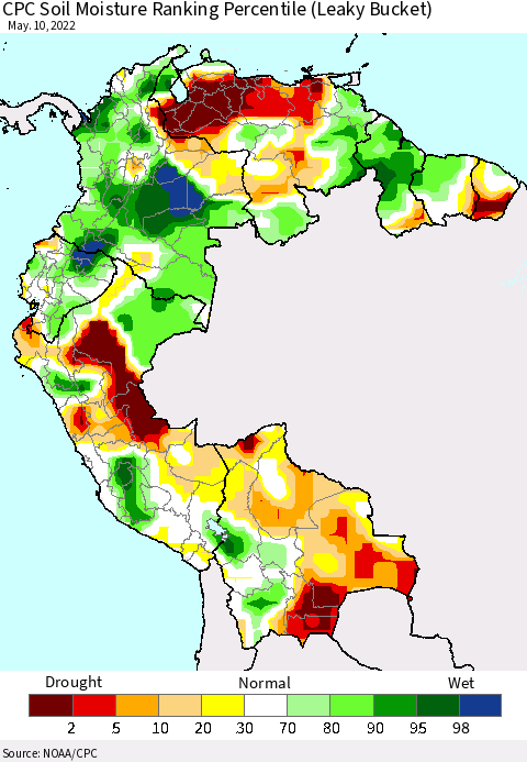 Northern South America CPC Calculated Soil Moisture Ranking Percentile Thematic Map For 5/6/2022 - 5/10/2022