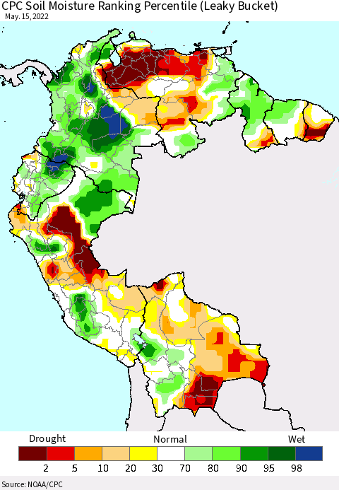 Northern South America CPC Calculated Soil Moisture Ranking Percentile Thematic Map For 5/11/2022 - 5/15/2022